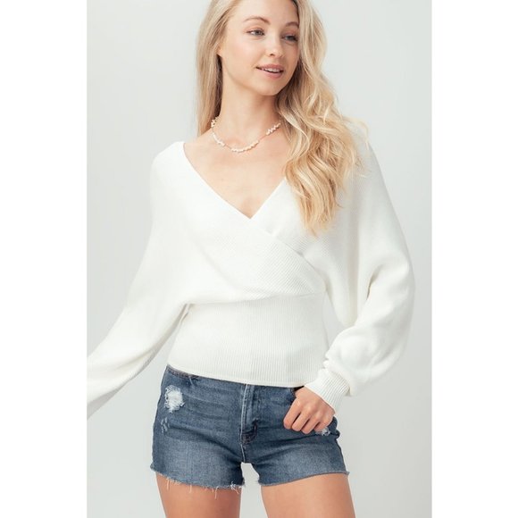 NEW White Wrap V Neck Dolman Sleeves Cozy Sweater - Picture 4 of 12